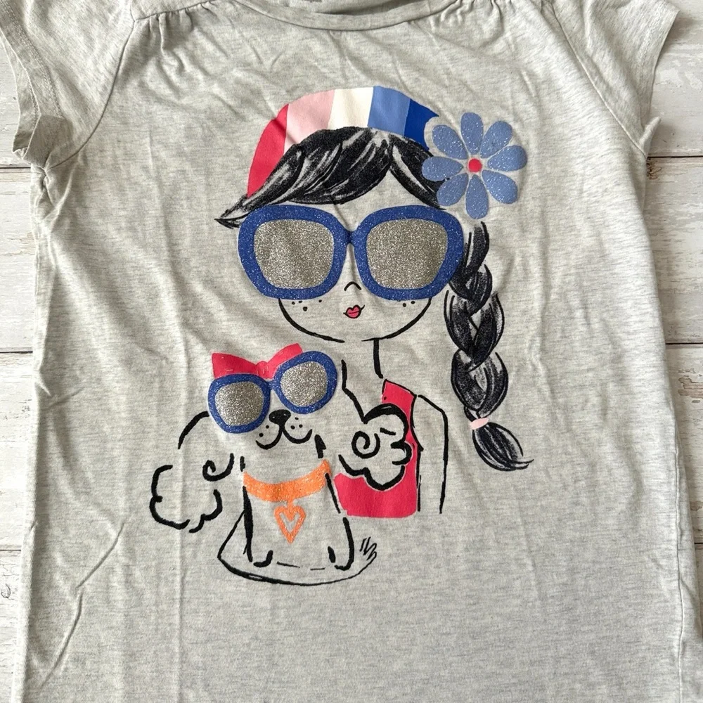 Gymboree 10/12 Girls Gray Short Sleeve Shirt Girl & Dog Print Size 10 12 Kids